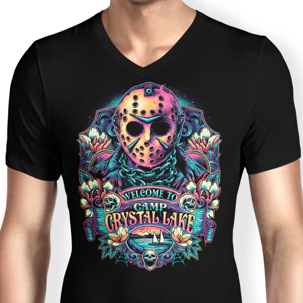 Welcome to Camp Crystal Lake Men's V-Neck - Adult & Kids T-Shirts, Sweatshirts & Hoodies apparel design preview 1