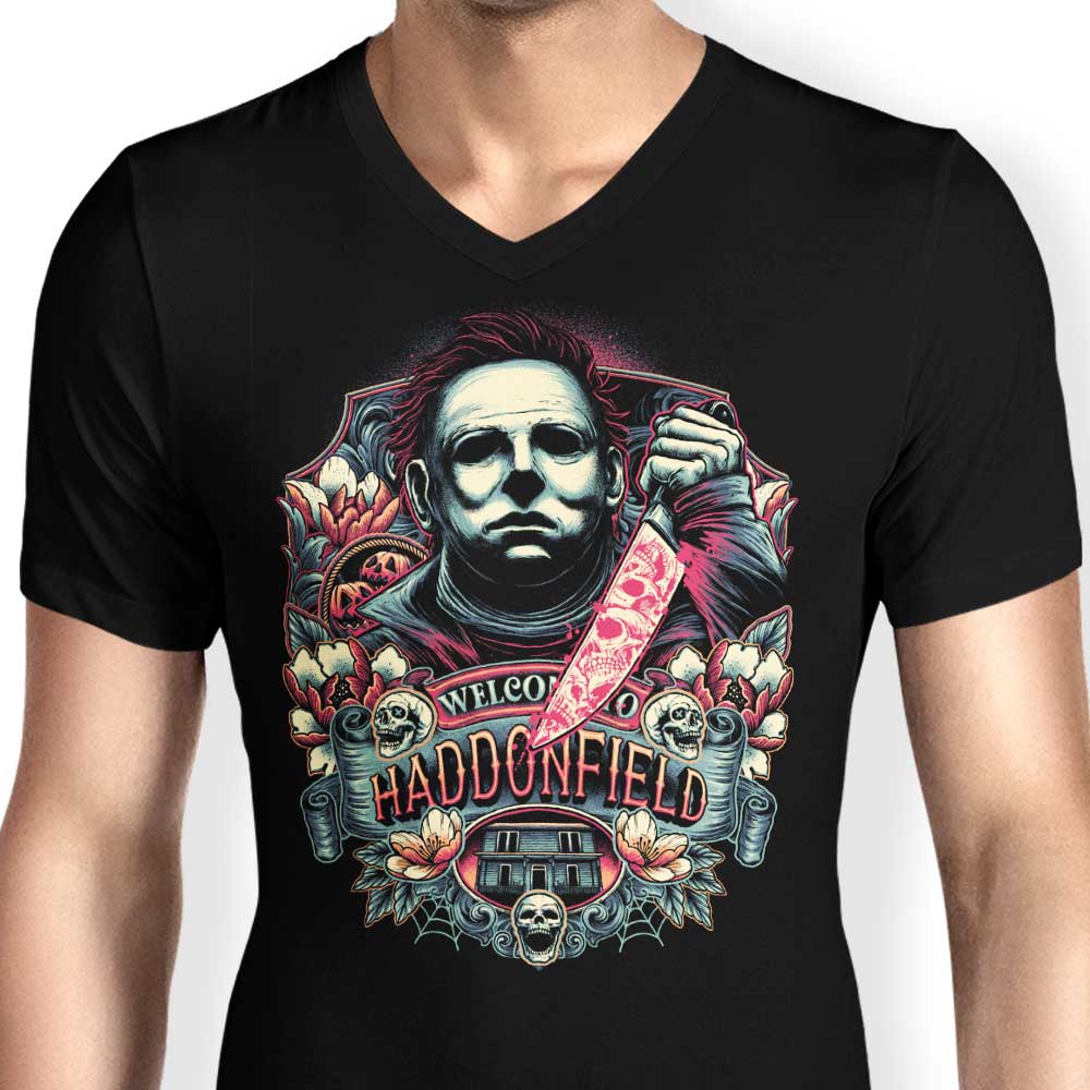 Welcome to Haddonfield Men's V-Neck - Adult & Kids T-Shirts, Sweatshirts & Hoodies apparel design preview 1
