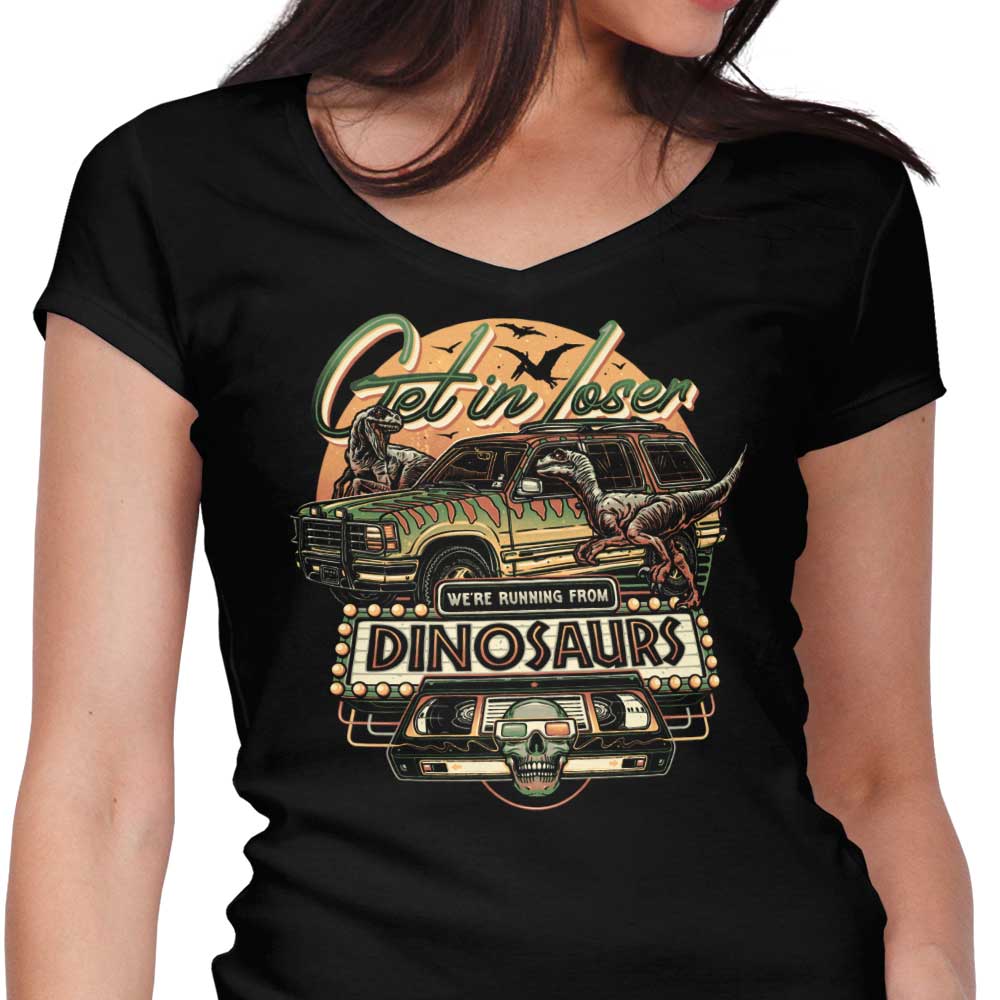 We're Running from Dinosaurs Women's V-Neck - Adult & Kids T-Shirts, Sweatshirts & Hoodies apparel design preview 1