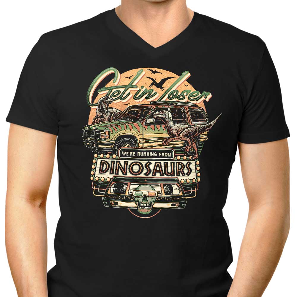 We're Running from Dinosaurs Men's V-Neck - Adult & Kids T-Shirts, Sweatshirts & Hoodies apparel design preview 1