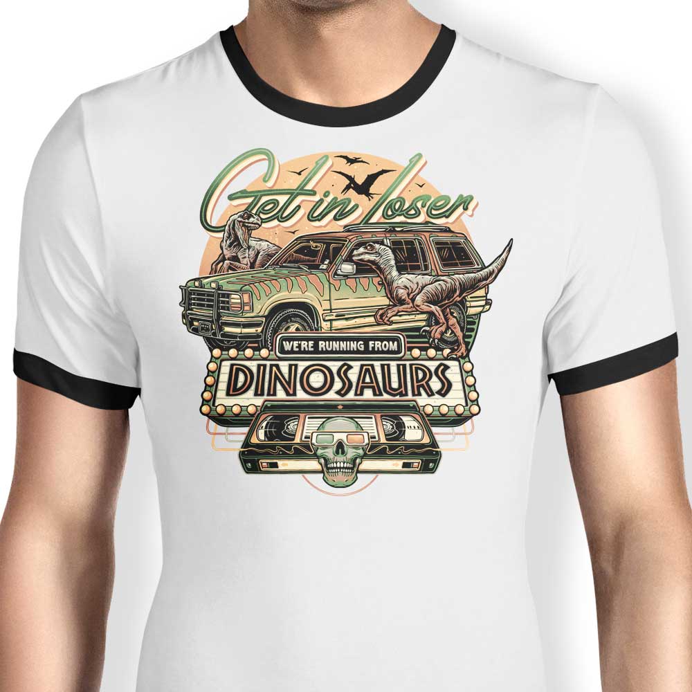 We're Running from Dinosaurs Ringer - Adult & Kids T-Shirts, Sweatshirts & Hoodies apparel design preview 1