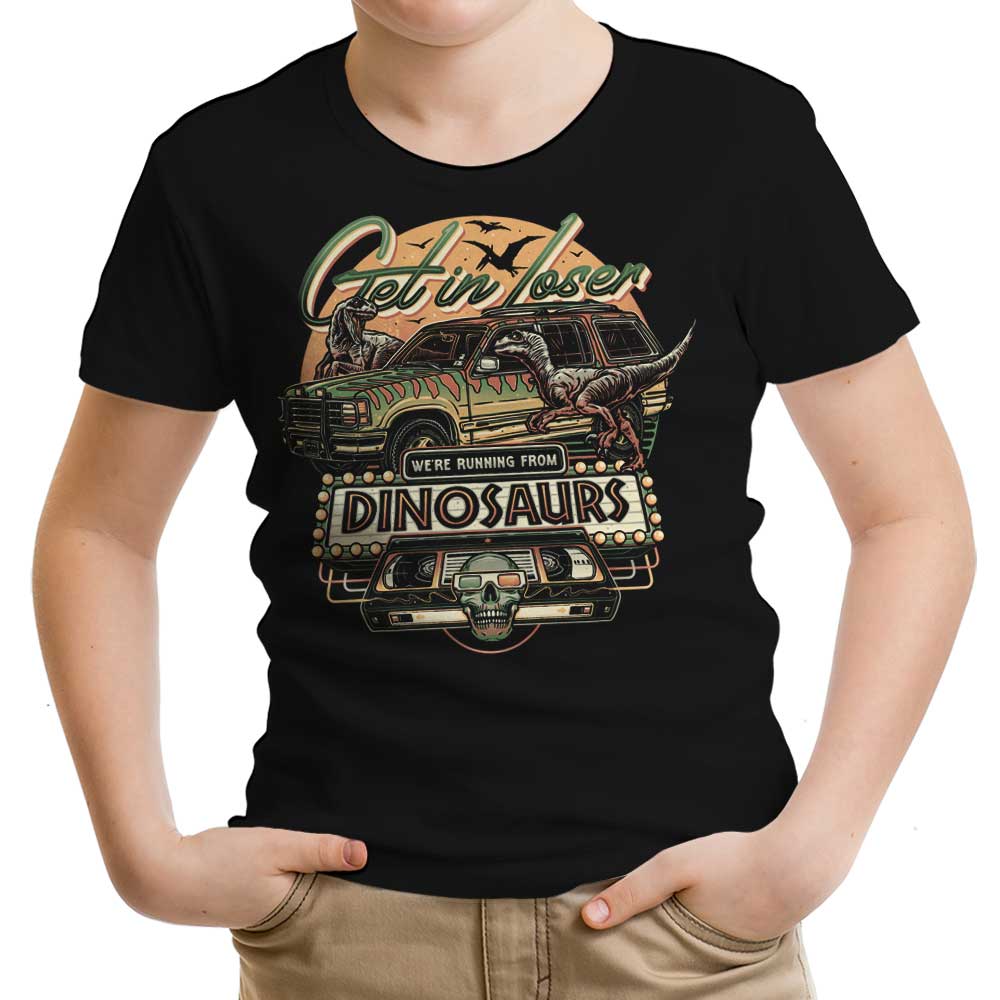 We're Running from Dinosaurs Youth Apparel - Adult & Kids T-Shirts, Sweatshirts & Hoodies apparel design preview 1