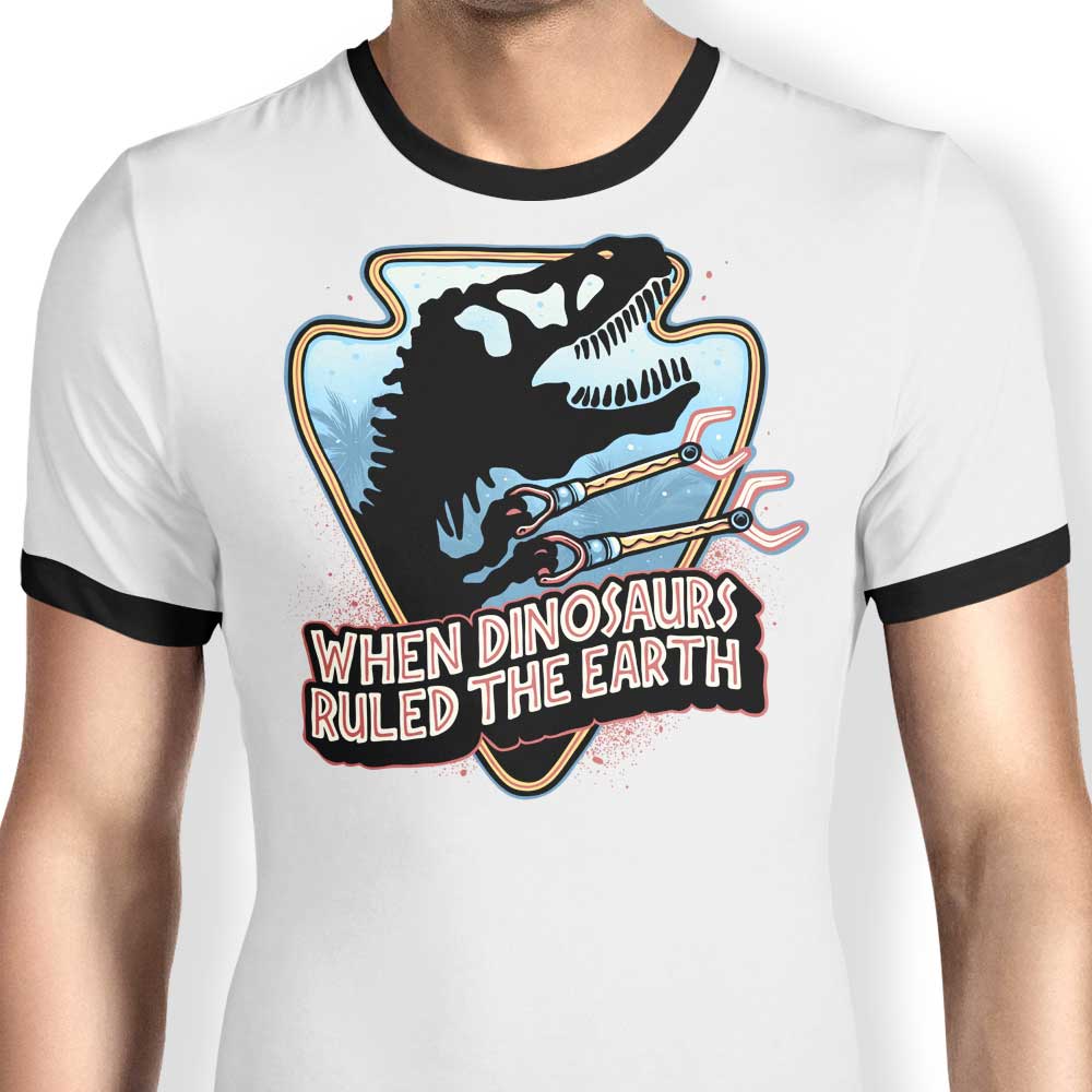 When Dinosaurs Ruled the Earth Ringer - Adult & Kids T-Shirts, Sweatshirts & Hoodies apparel design preview 1