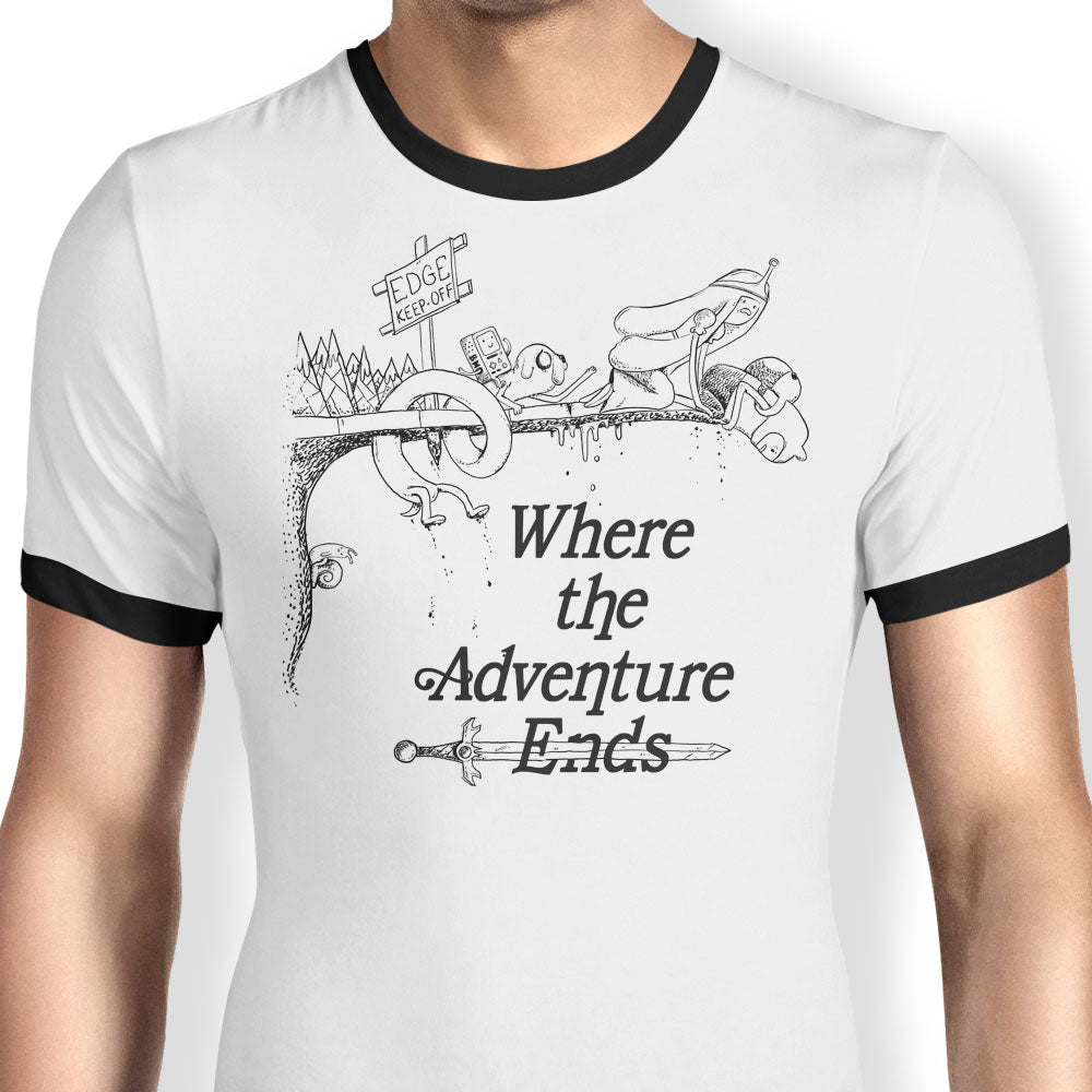 Where the Adventure Ends Ringer - Adult & Kids T-Shirts, Sweatshirts & Hoodies apparel design preview 1