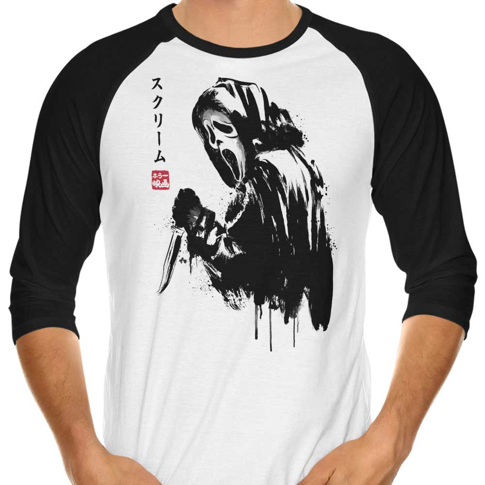 Woodsboro Killer Sumi-e 3/4 Sleeve Raglan - Adult & Kids T-Shirts, Sweatshirts & Hoodies apparel design preview 1