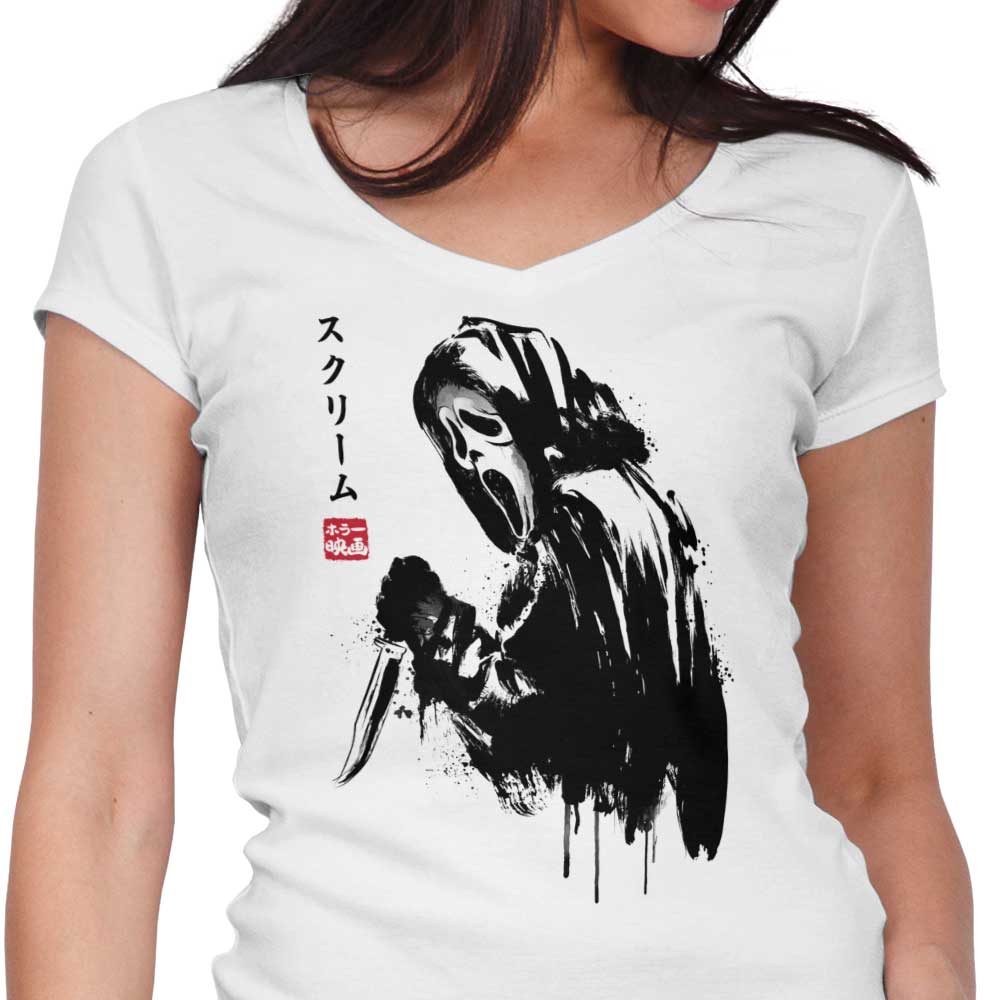 Woodsboro Killer Sumi-e Women's V-Neck - Adult & Kids T-Shirts, Sweatshirts & Hoodies apparel design preview 1