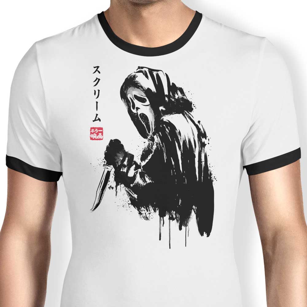 Woodsboro Killer Sumi-e Ringer - Adult & Kids T-Shirts, Sweatshirts & Hoodies apparel design preview 1