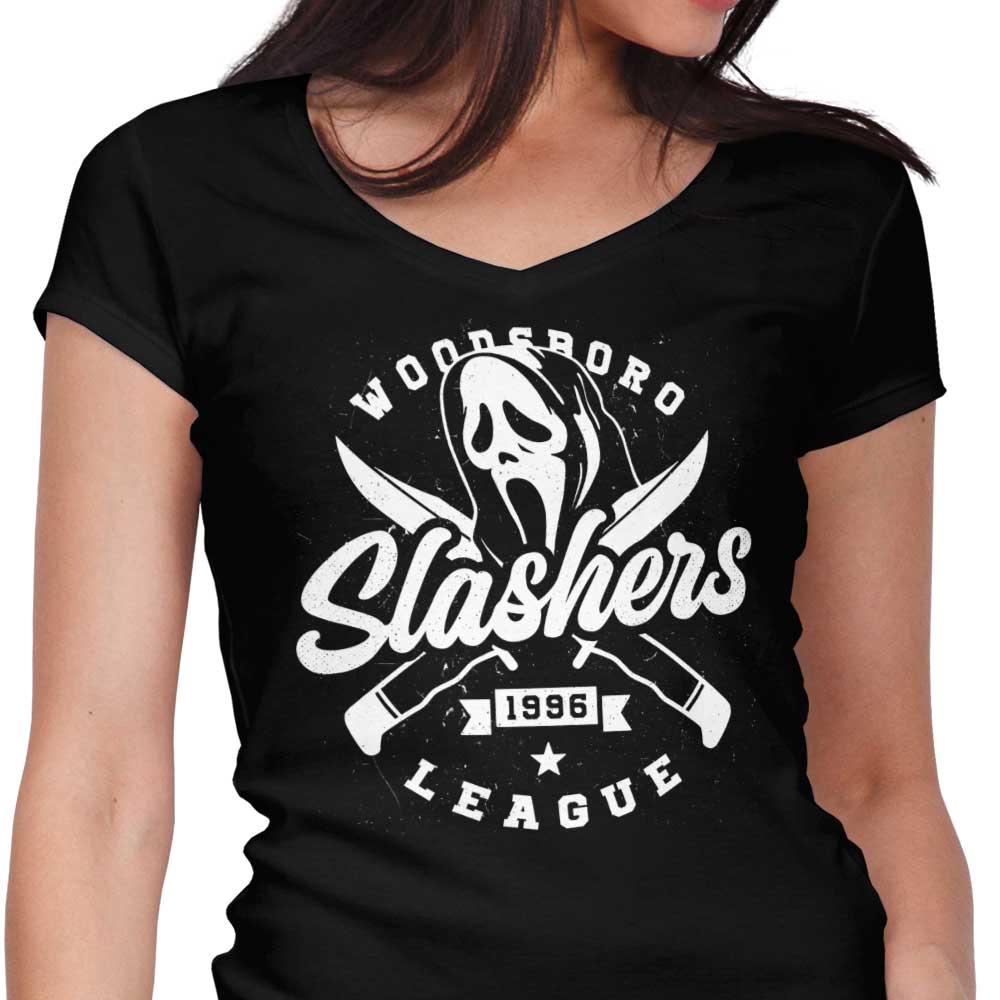 Woodsboro Slashers Women's V-Neck - Adult & Kids T-Shirts, Sweatshirts & Hoodies apparel design preview 1
