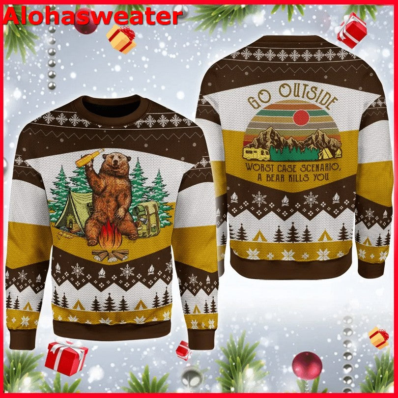 A bear with beer vintage camping Christmas sweater product image