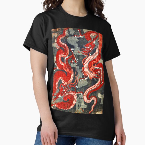 TWO DRAGONS JAPANESE WOODCUT IN RED BLACK WHITE - Adult & Kids T-Shirts, Sweatshirts & Hoodies apparel design preview 1