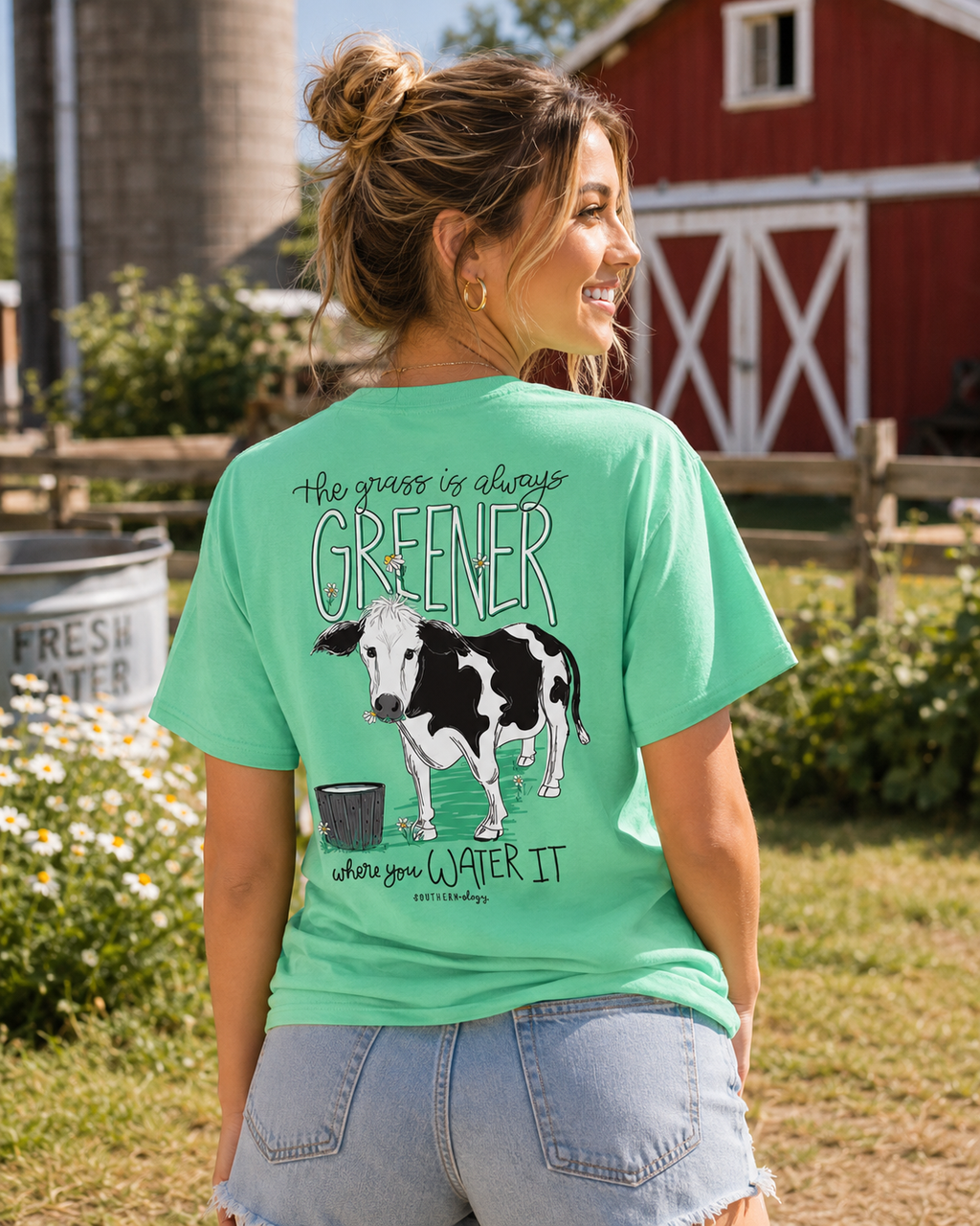 Southernology The Grass is Greener Cow Comfort Colors - Adult & Kids T-Shirts, Sweatshirts & Hoodies apparel design preview 1