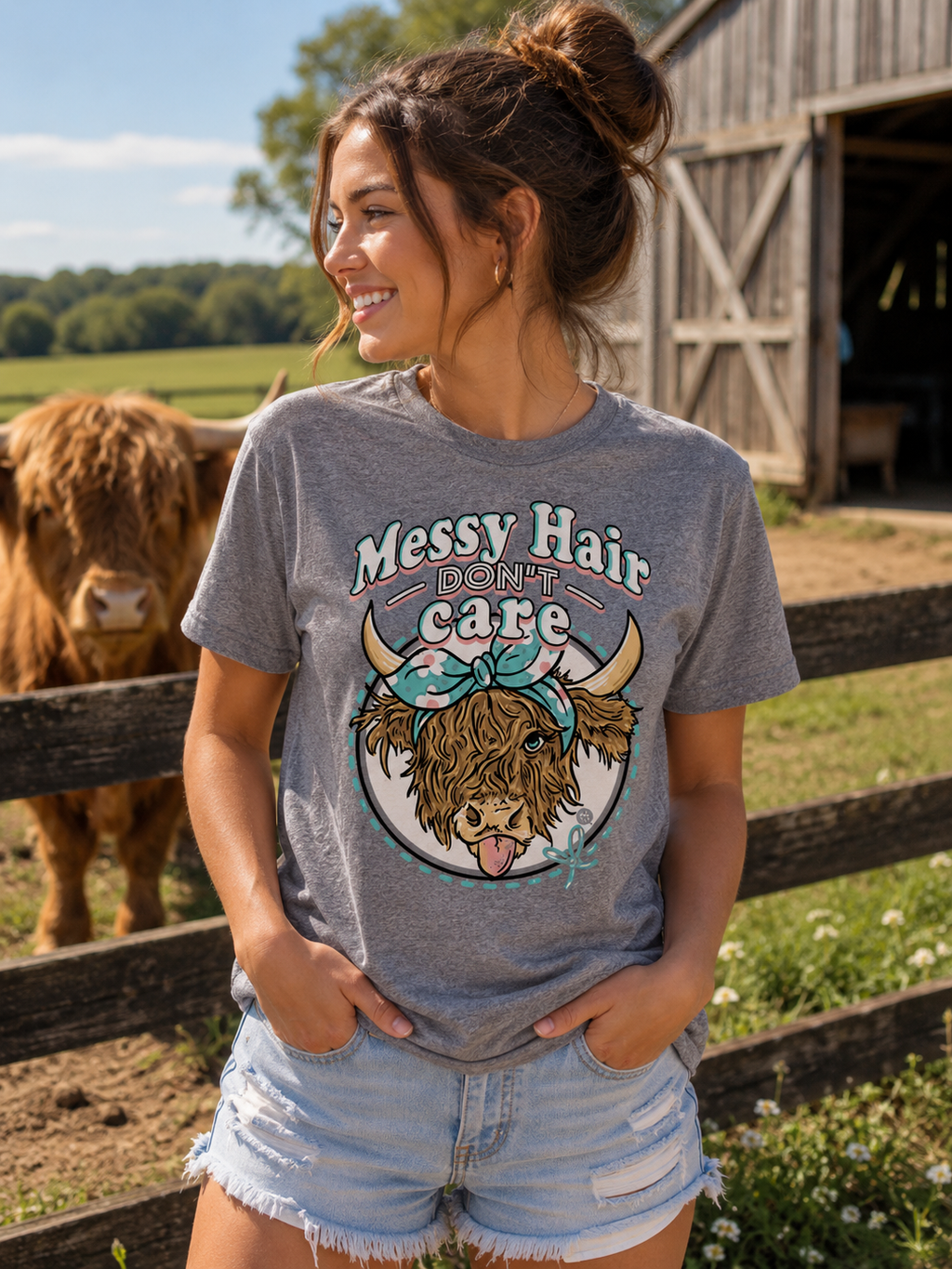 Girlie Girl Originals Messy Hair Highland Cow - Adult & Kids T-Shirts, Sweatshirts & Hoodies apparel design preview 1
