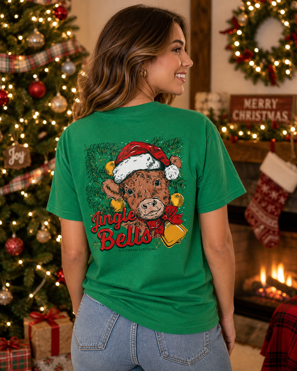 Southern Couture Classic Jingle Bells Cow Holiday - Adult & Kids T-Shirts, Sweatshirts & Hoodies apparel design preview 1