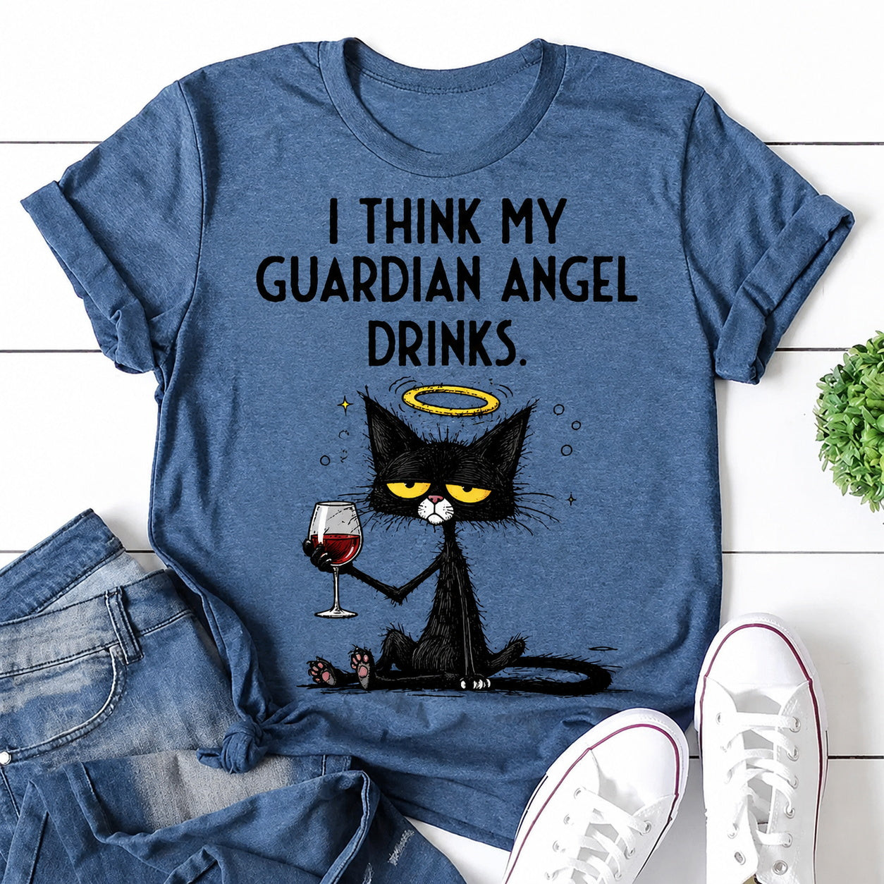 I Think My Guardian Angel Drinks Tipsy Cat Print - Adult & Kids T-Shirts, Sweatshirts & Hoodies apparel design preview 1
