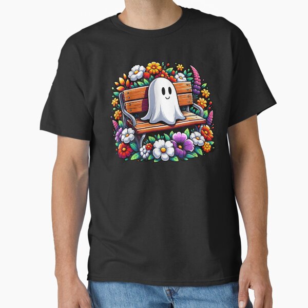 Cute Ghost Sitting on Park Bench, Flower Garden - Adult & Kids T-Shirts, Sweatshirts & Hoodies apparel design preview 1