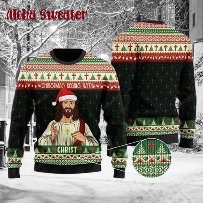 Begins With Christ Jesus Ugly Christmas Sweater product image