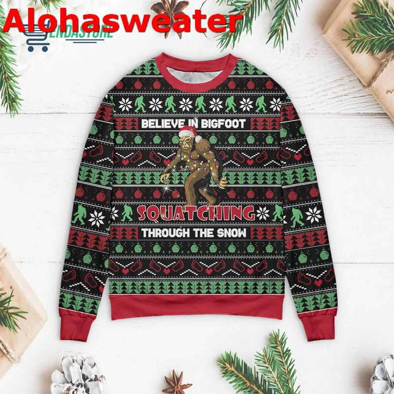Believe in bigfoot squatching through the snow Christmas sweater product image 2