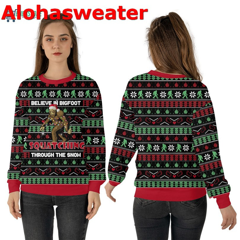 Believe in bigfoot squatching through the snow Christmas sweater product image 3