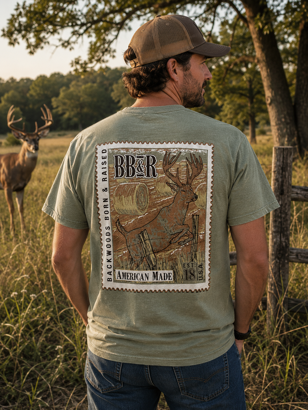 Backwoods Born Raised Deer Jumping Comfort Colors - Adult & Kids T-Shirts, Sweatshirts & Hoodies apparel design preview 1