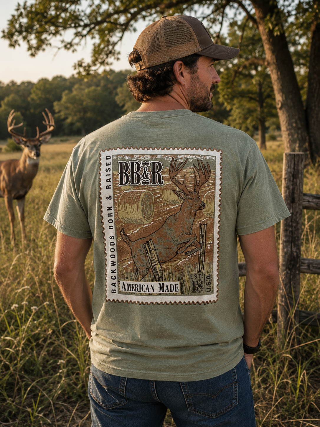 Backwoods Born Raised Deer Jumping Comfort Colors - Adult & Kids T-Shirts, Sweatshirts & Hoodies apparel design preview 1