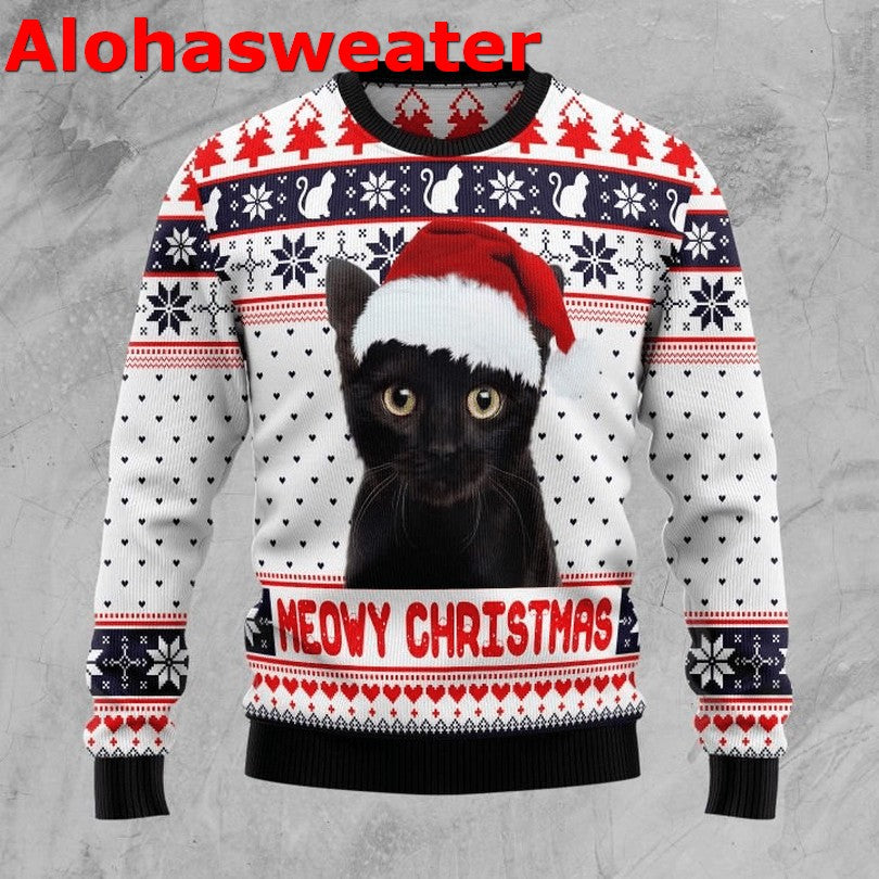 Black Cat Meowy Christmas Tree Ugly Christmas Sweater product image 3