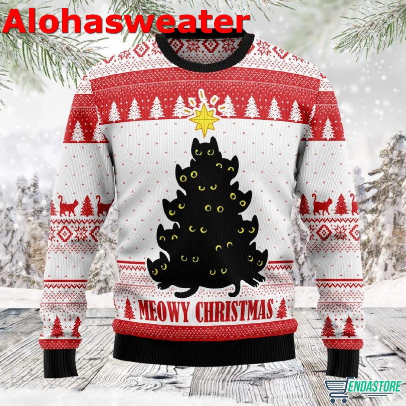 Black Cat Meowy Christmas Tree Ugly Christmas Sweater product image