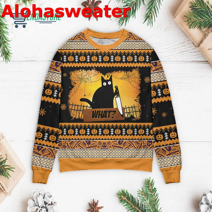 Black cat what murderous with knife Christmas sweater product image 3
