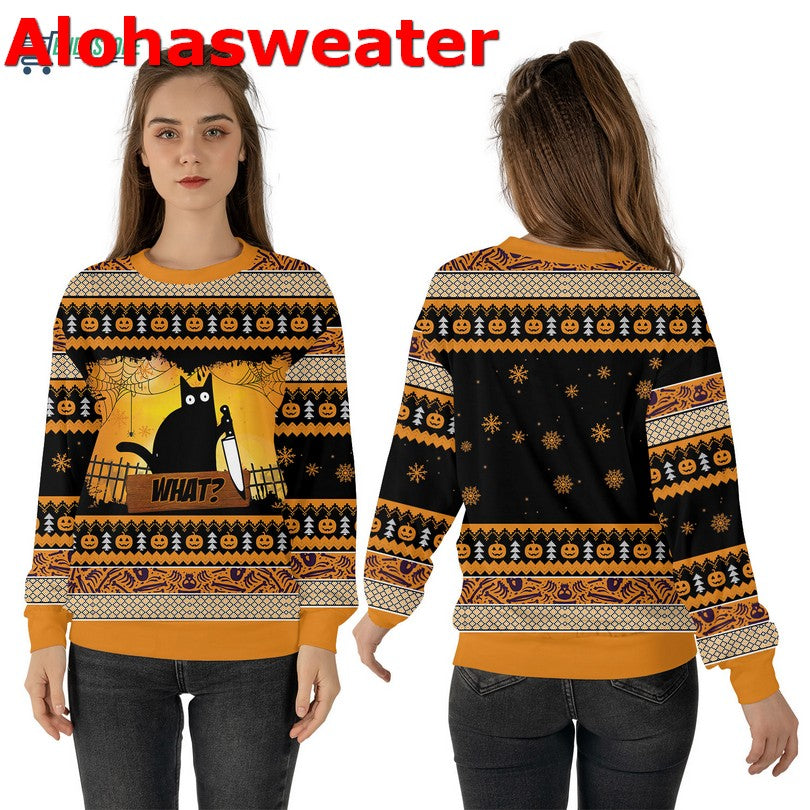 Black cat what murderous with knife Christmas sweater product image 4