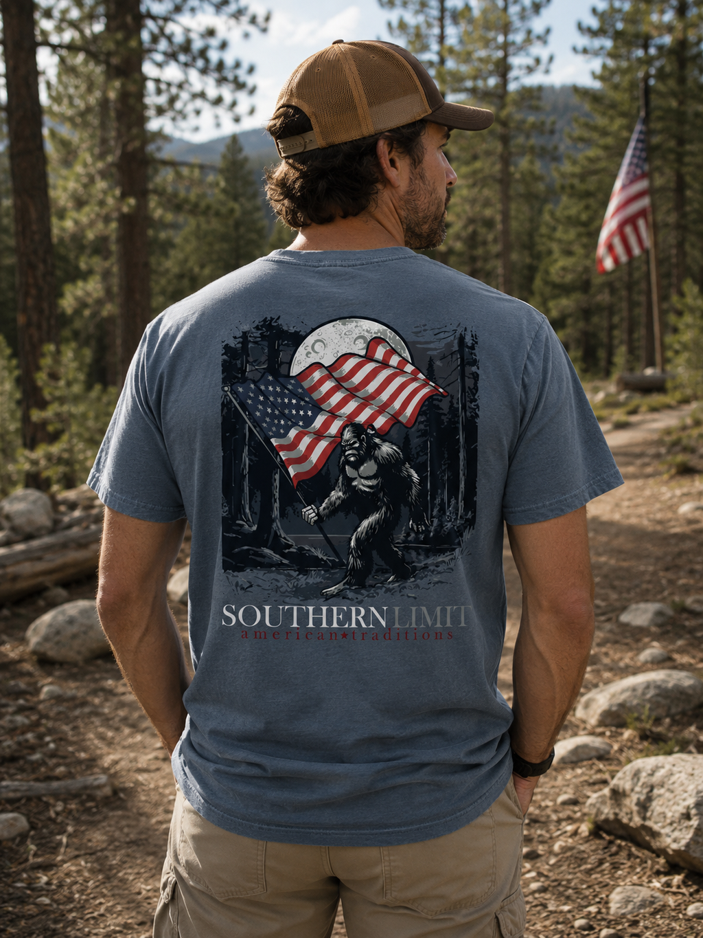 Southern Limit USA Flag Bigfoot - Adult & Kids T-Shirts, Sweatshirts & Hoodies apparel design preview 1
