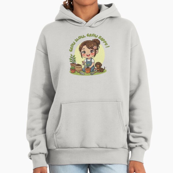 Grow Slow, Happy Cozy Gardening Girl Illustration - Adult & Kids T-Shirts, Sweatshirts & Hoodies apparel design preview 1