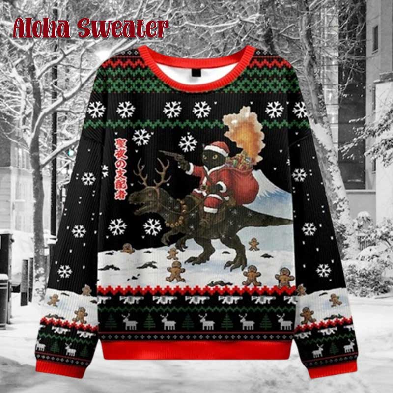 Cat Santa Riding T-Rex Ugly Christmas Sweater product image