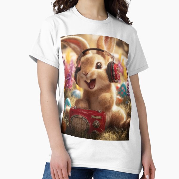 Cartoon rabbit wearing headphones enjoys music beside - Adult & Kids T-Shirts, Sweatshirts & Hoodies apparel design preview 1