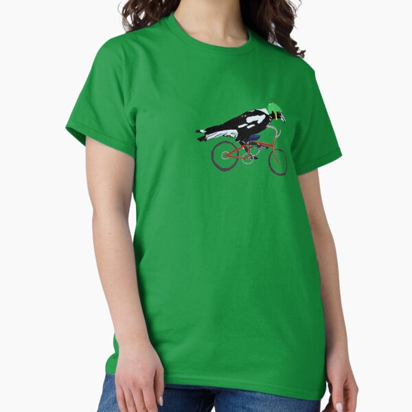 Magpie on Bike Swoop (in Green) - Adult & Kids T-Shirts, Sweatshirts & Hoodies apparel design preview 1