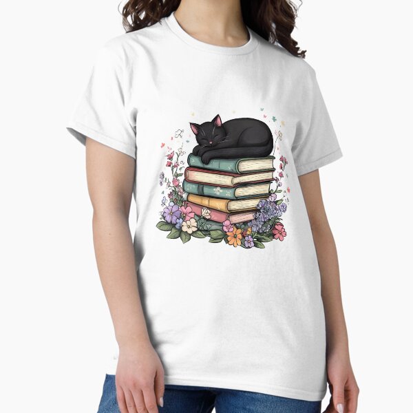 Black Cat Sleeping on Stack of Books - Adult & Kids T-Shirts, Sweatshirts & Hoodies apparel design preview 1
