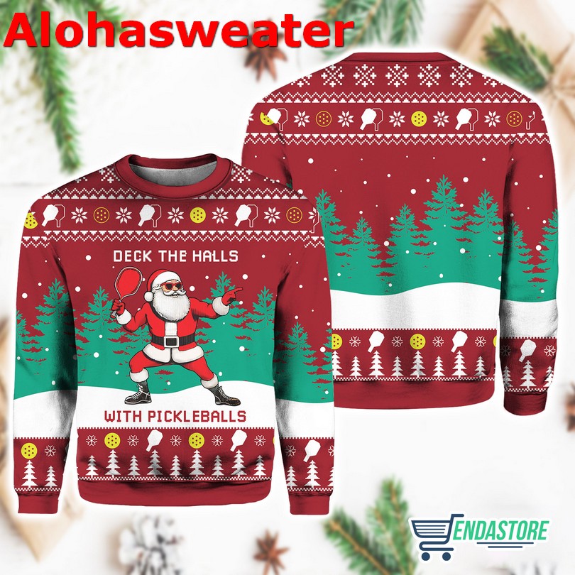 Deck The Hall Pickleball Santa Ugly Christmas Sweater product image 3