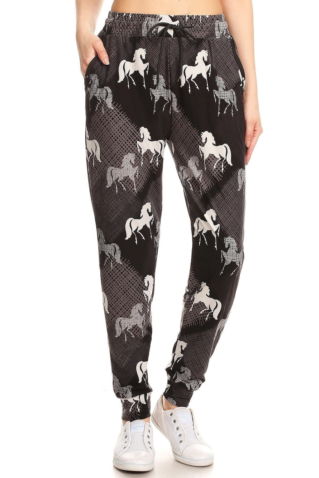 Black White Gray Horse Print Soft Lounge Jogger Pants - Adult & Kids T-Shirts, Sweatshirts & Hoodies apparel design preview 2