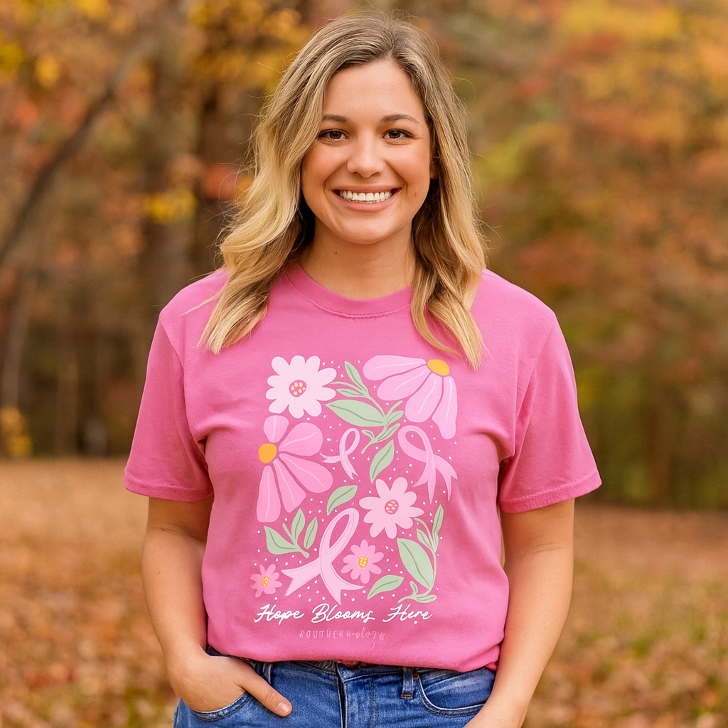 Southernology Cancer Hope Blooms Here Comfort Colors - Adult & Kids T-Shirts, Sweatshirts & Hoodies apparel design preview 1