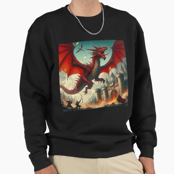 Red fire-breathing dragon flies over a - Adult & Kids T-Shirts, Sweatshirts & Hoodies apparel design preview 1
