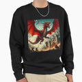 Red fire-breathing dragon flies over a - Adult & Kids T-Shirts, Sweatshirts & Hoodies apparel design preview 1