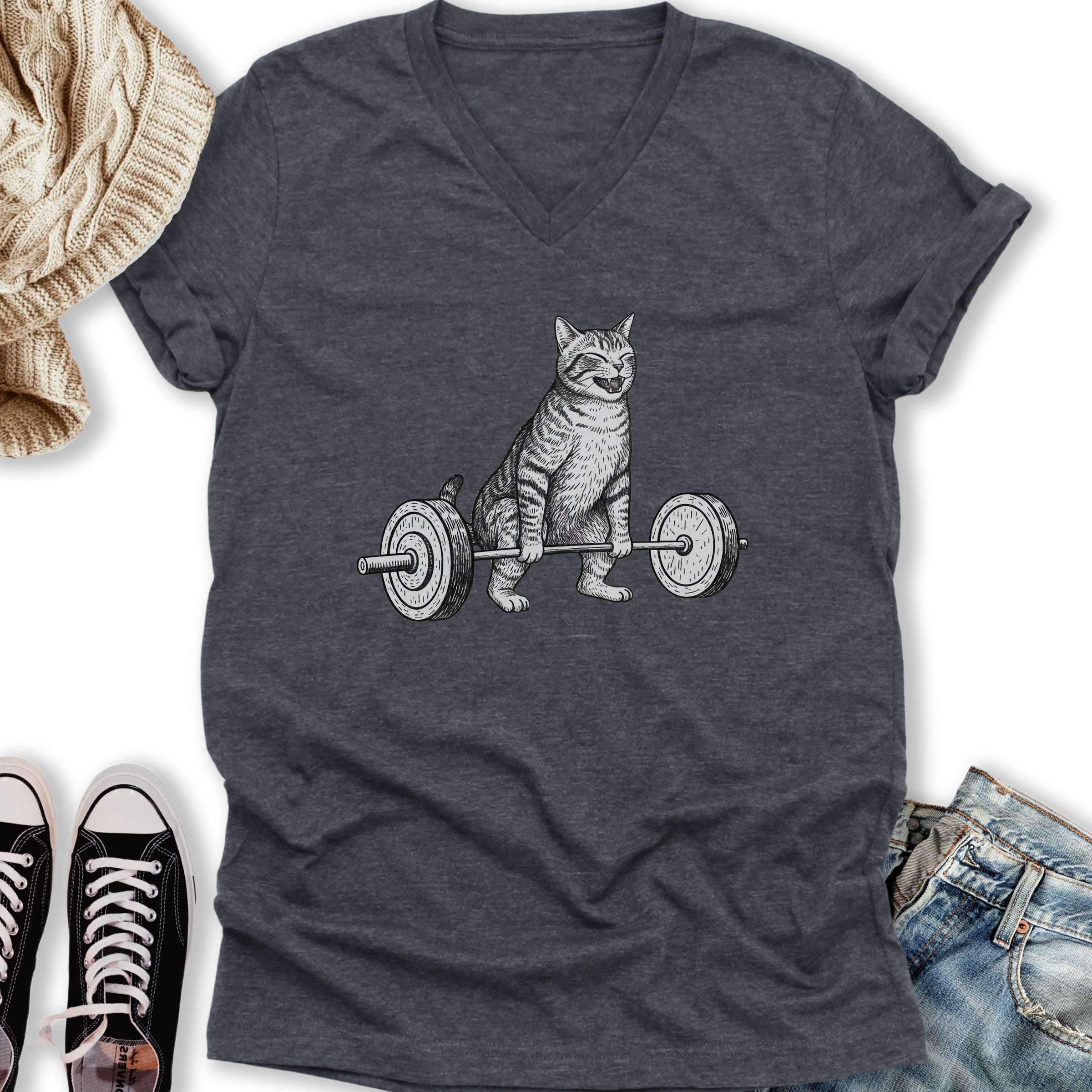 Deadlift Cat V-Neck - Adult & Kids T-Shirts, Sweatshirts & Hoodies apparel design preview 2