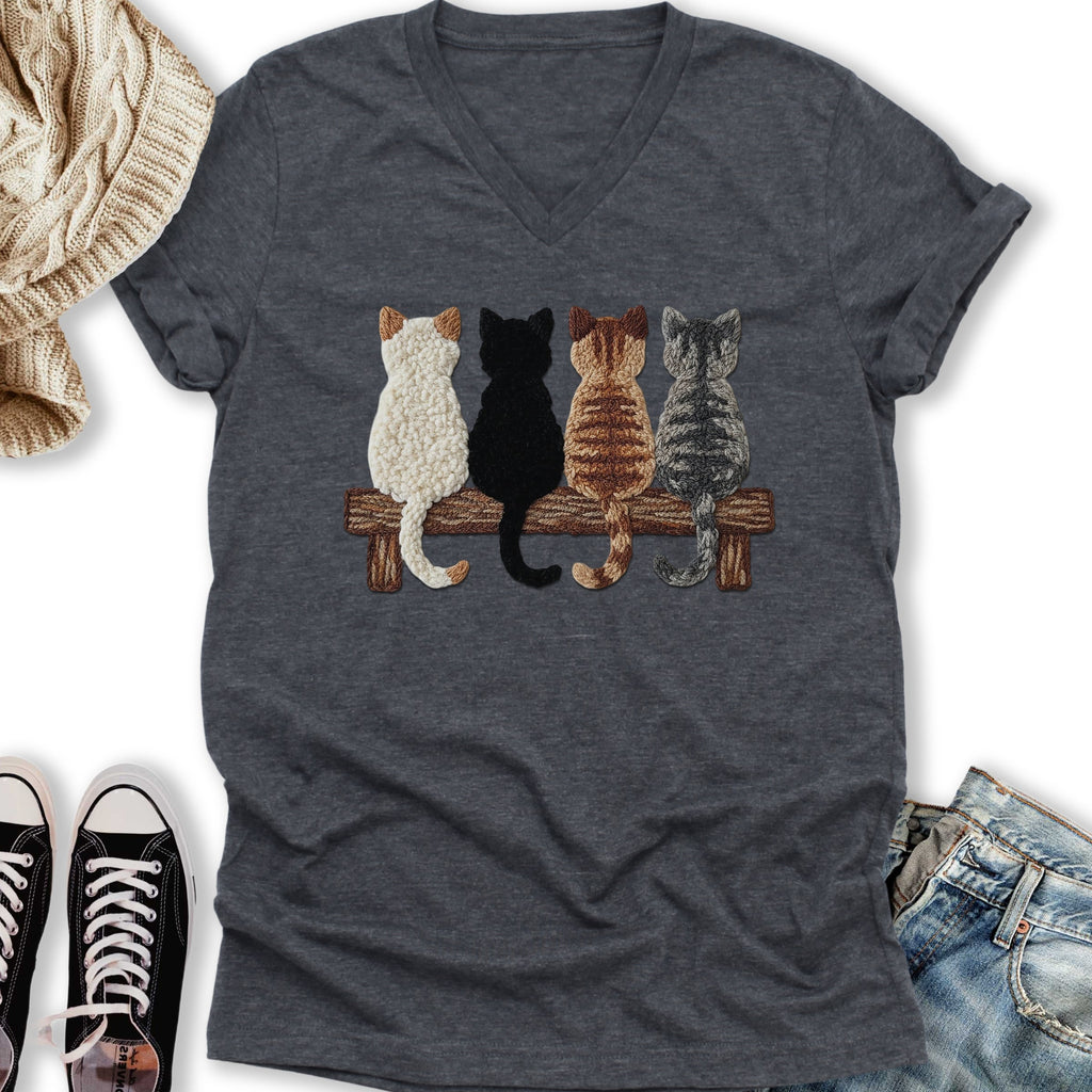 Four Cats Faux Yarn Printed V-Neck - Adult & Kids T-Shirts, Sweatshirts & Hoodies apparel design preview 1