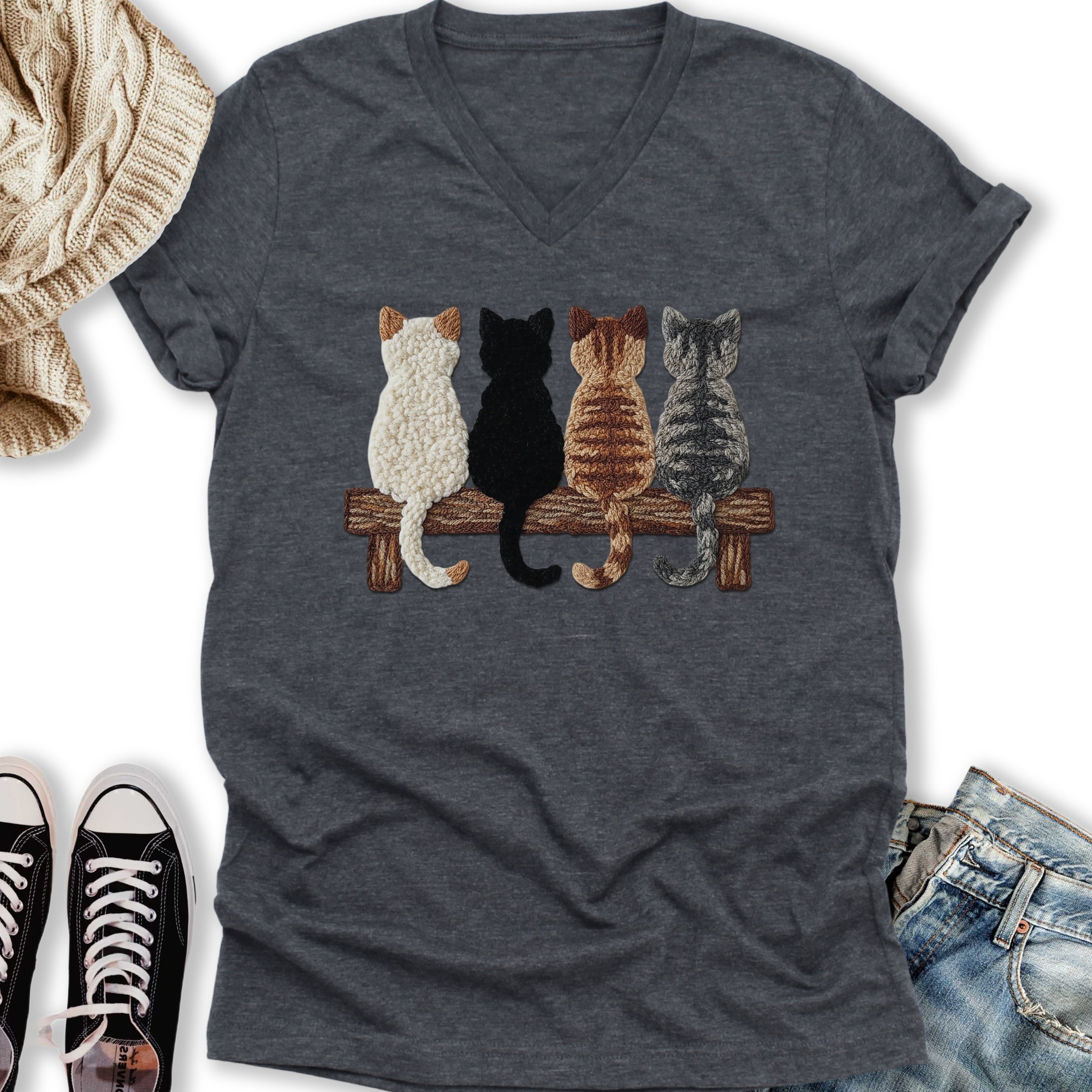 Four Cats Faux Yarn Printed V-Neck - Adult & Kids T-Shirts, Sweatshirts & Hoodies apparel design preview 1