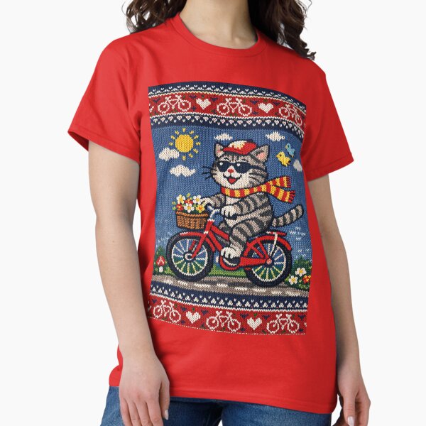 Cat riding a bicycle, funny knitted picture - Adult & Kids T-Shirts, Sweatshirts & Hoodies apparel design preview 1