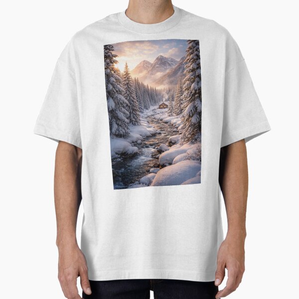 Peaceful Snowy Winter Valley with Mountain Cabin and - Adult & Kids T-Shirts, Sweatshirts & Hoodies apparel design preview 1