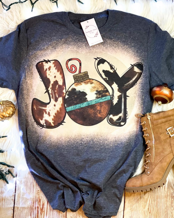 Joy Cow Print Christmas Ornament Bleached Dye Canvas - Adult & Kids T-Shirts, Sweatshirts & Hoodies apparel design preview 1