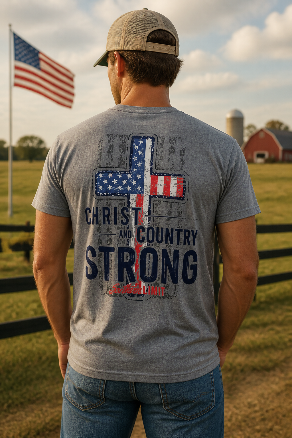 Southern Limits Christ And Country Strong USA Cross - Adult & Kids T-Shirts, Sweatshirts & Hoodies apparel design preview 1