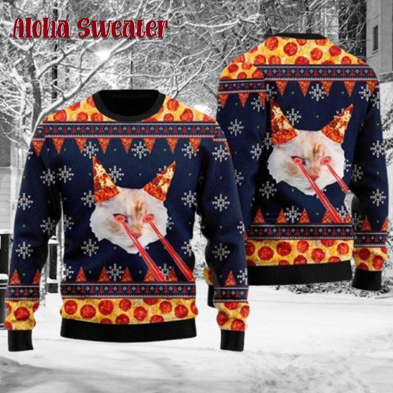 Funny Cat Pizza Laser Eyes Ugly Christmas Sweater product image