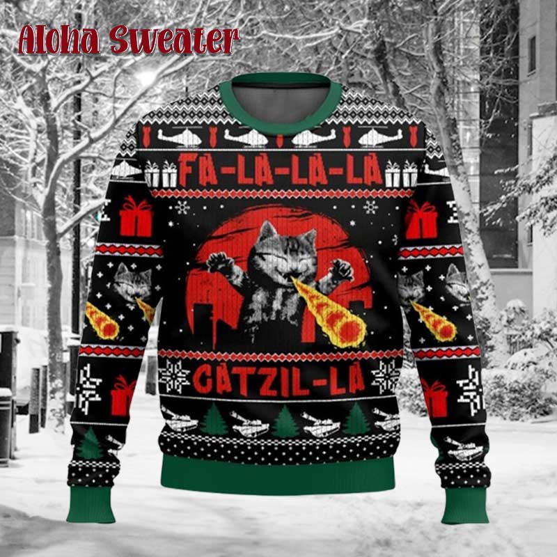 Godzilla Catzila Santa Clause Ugly Christmas Sweater product image