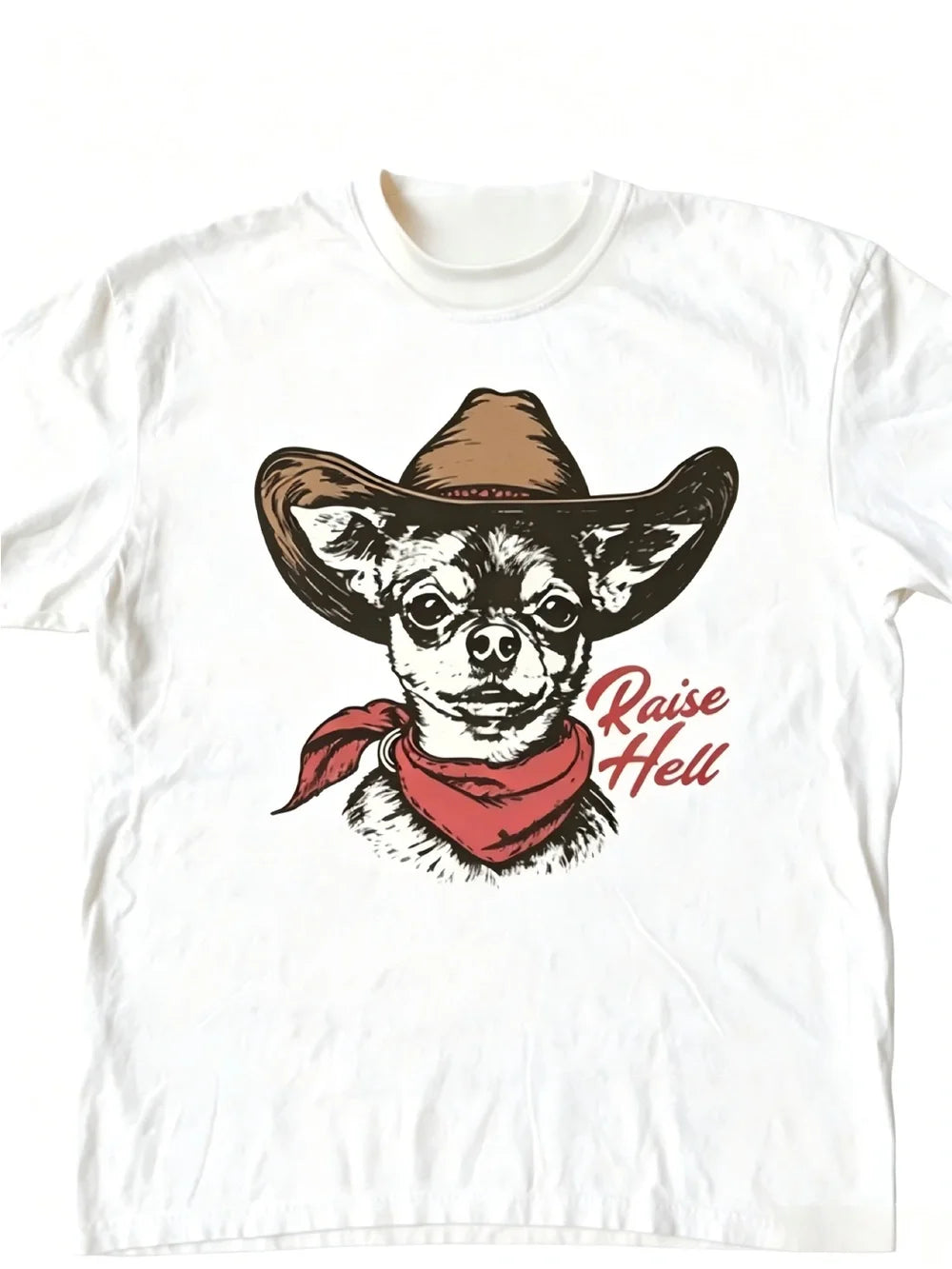 White Tee with Chihuahua Cowboy Graphic and Red Bandana Women Men T-shirt Unisex - T-Shirt, Sweatshirt, Hoodie