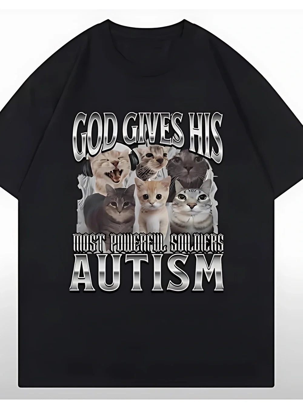 God Gives His Most Powerful Soldiers Autism Cat T-Shirt Graphic Tee Y2K Style - T-Shirt, Sweatshirt, Hoodie